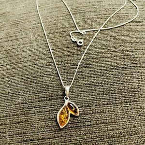 Sterling Silver Leaf Baltic Amber Necklace-Genuine Amber